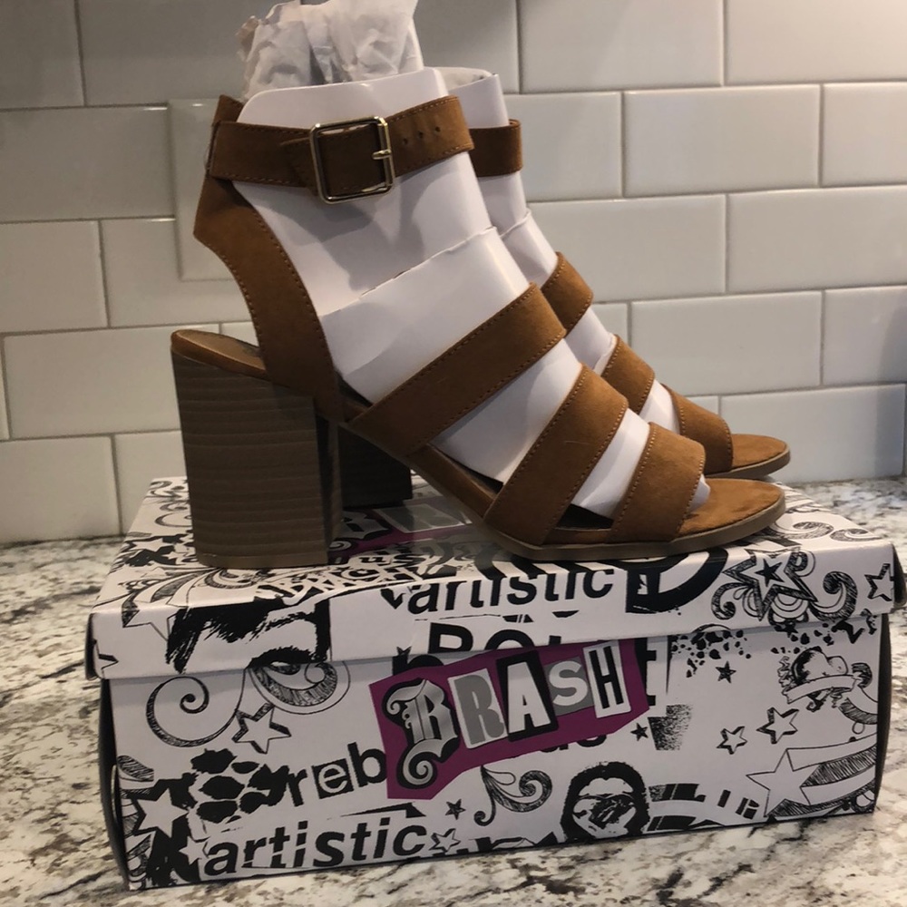 Brown Suede Heels with Gold Hardware